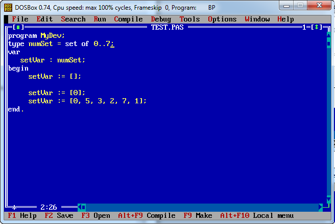 Operația de atribuire pentru mulțimi numerice în limbajul de programare Pascal.