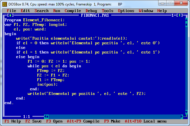 Algoritmul de generare celui al n-lea element din șirul lui Fibonacci în limbajul de programare Pascal.